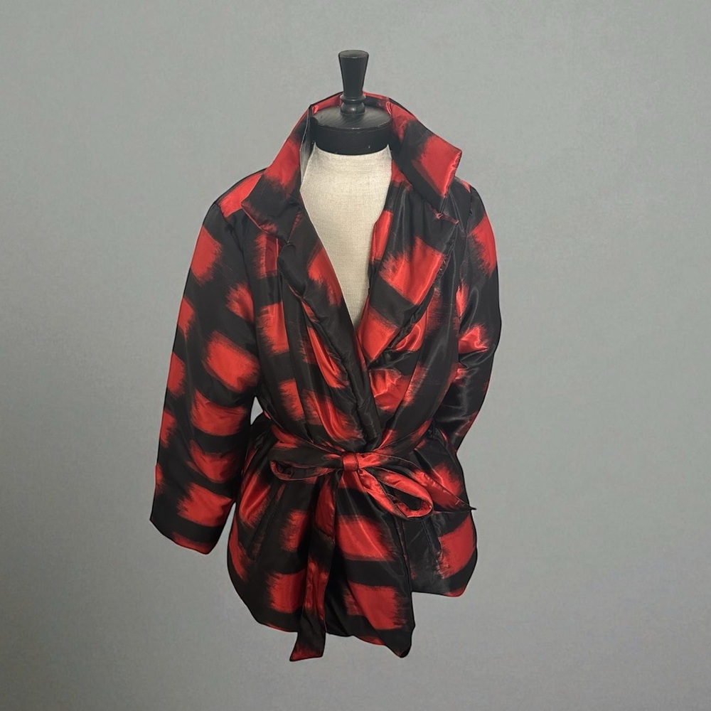 IMAN Global Chic Red and Black Brushstoke Belted Coat NWT - Picture 5 of 14